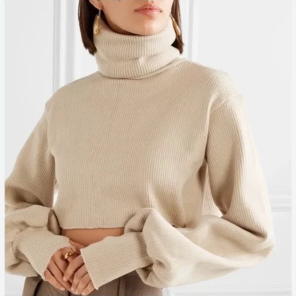 Orseund Iris Cream Cropped Turtleneck Sweater with Relaxed Sleeves